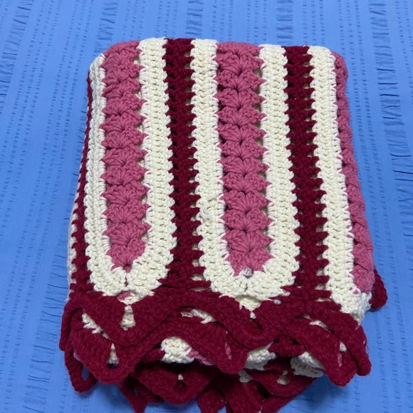 Vintage Handmade Crocheted Afghan Blanket; Rose, Pink, and Cream Stripes; 45x60 - Picture 6 of 10